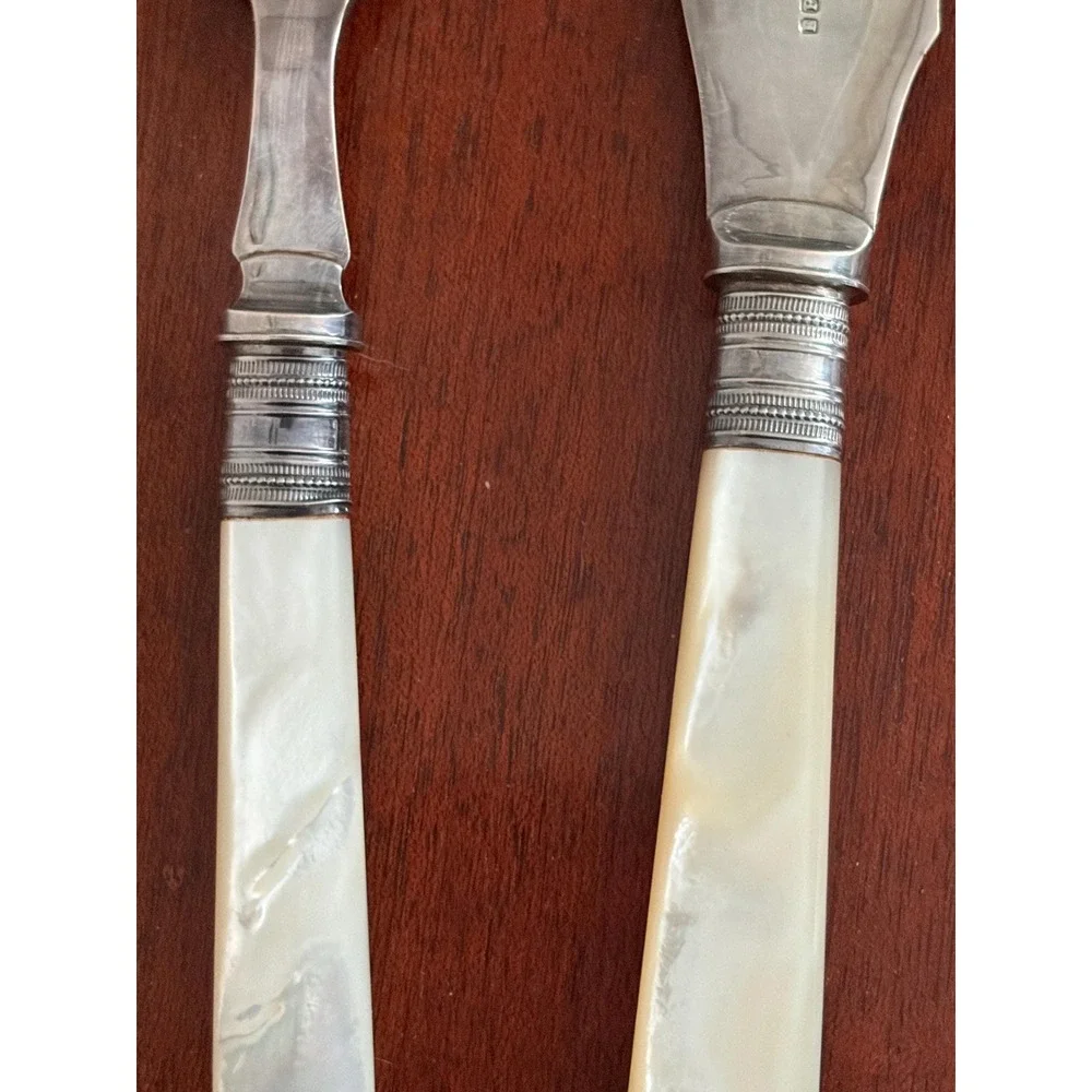 Vintage EPNS Fish Serving Set Mother of Pearl Handles Boxed English Server